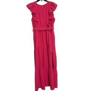 Gomorn Pink Maxi Dress‎ Ruffle Sleeves Tie Waist Tiered Women's XL